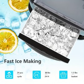 35Lbs/ Day Countertop Ice Maker, 24 Cube Ices in 6 Mins, 2 Ice Sizes, Portable Ice Maker, Compact Countertop Ice Maker, Ice Scoop & Basket for Home/ Office/ Party, Black, Ice Maker with Handle, Large Capacity Ice Making Machine