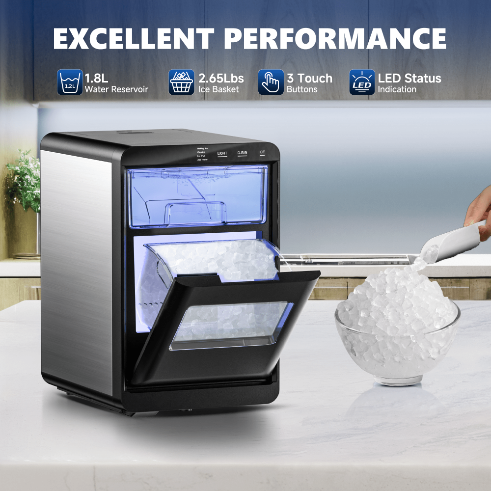 Nugget Ice Maker Countertop, 44Lbs/400lbs /24H Pebble Ice Maker Machine, Self-Cleaning Pellet Ice Machine with Ice Scoop&basket, Sonic Countertop Ice Machine for Home/Kitchen/Office (Black/Sliver)