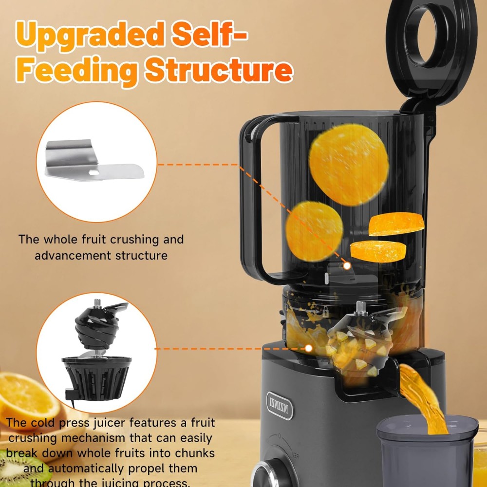 Cold Press Juicer, Slow Juicer Machine Easy To Clean, Self-Feeding Masticating Juicer With Large Feed Chute For Whole Fruits And Vegetables, High Juice Yield, Gray