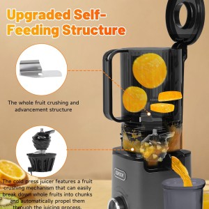 Cold Press Juicer, Slow Juicer Machine Easy To Clean, Self-Feeding Masticating Juicer With Large Feed Chute For Whole Fruits And Vegetables, High Juice Yield, Gray