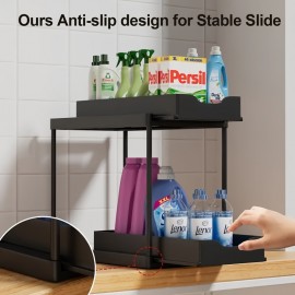 2-Tier Removable Storage Rack - Black Metal and Plastic Drawer Set with Non-Slip Design, Sliding Stability - Perfect for Kitchen and Bathroom Organization, Holds Cleaning Supplies
