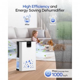 Dehumidifier, 95oz Dehumidifiers Home, 1000 sq. ft. Dehumidifier Basement Bathroom Bedroom with Auto Shut Off, 7 Colors LED Light, Quiet Dehumidifiers with Sleep Mode, White, Dehumidifier with Drain, Dehumidifier for Bathroom, Dehumidifier Bag