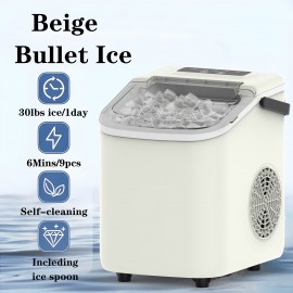 Ice Maker Machine For Countertop 30 Pound Bullet Ice Machine, Portable Bullet Ice Machine Can Produce 9pcs Of Bullet Ice In 6 Minutes, With Automatic Cleaning Function For Baskets And Spoons, And Can Be Operated With One Click For Campings