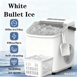 Ice Maker Machine For Countertop 30 Pound Bullet Ice Machine, Portable Bullet Ice Machine Can Produce 9pcs Of Bullet Ice In 6 Minutes, With Automatic Cleaning Function For Baskets And Spoons, And Can Be Operated With One Click For Campings
